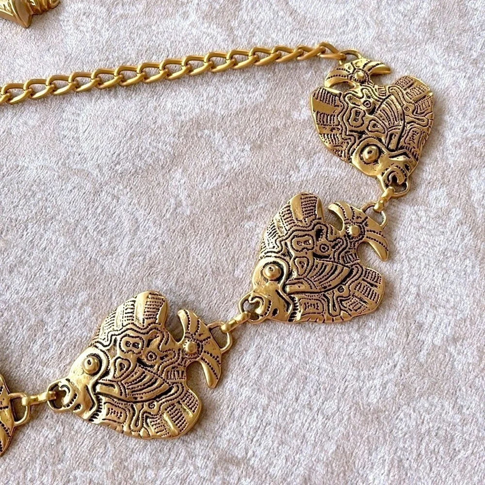 VINTAGE Gold Tone Tropical Angel Fish Chain Belt Metal Cinch Waist Lobster Clasp